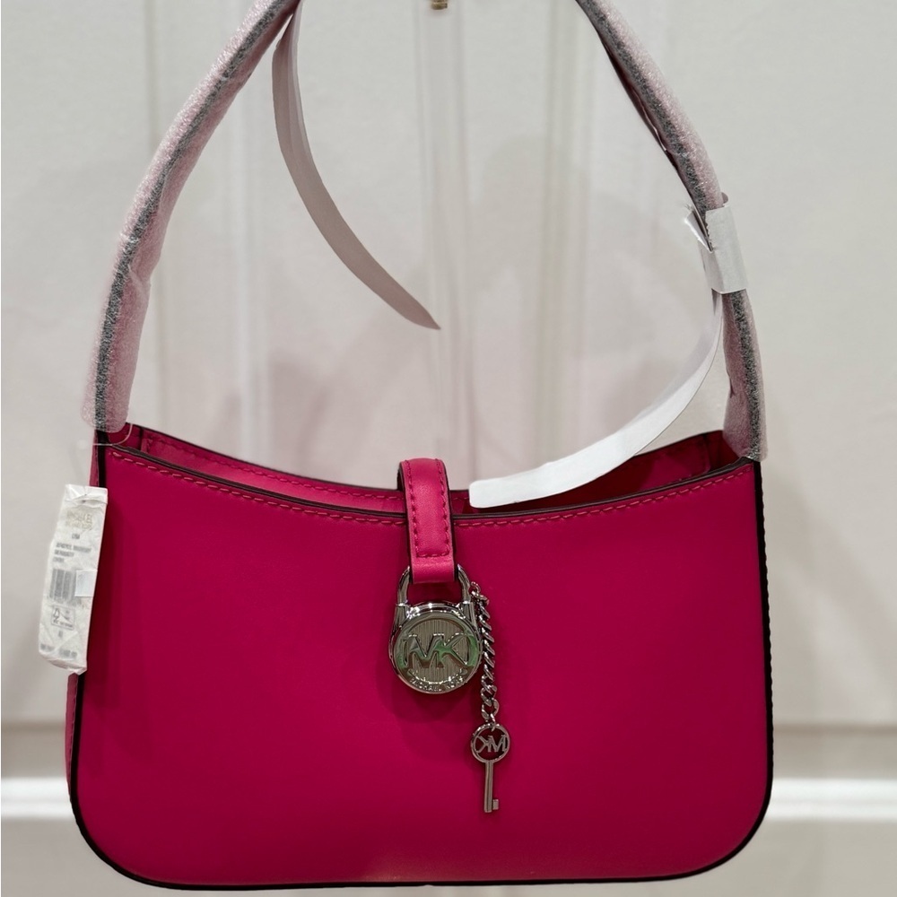 Michael Kors Lyra Small Leather Pouchette Dragonfruit Pink Silver Charm Purse - Picture 4 of 15